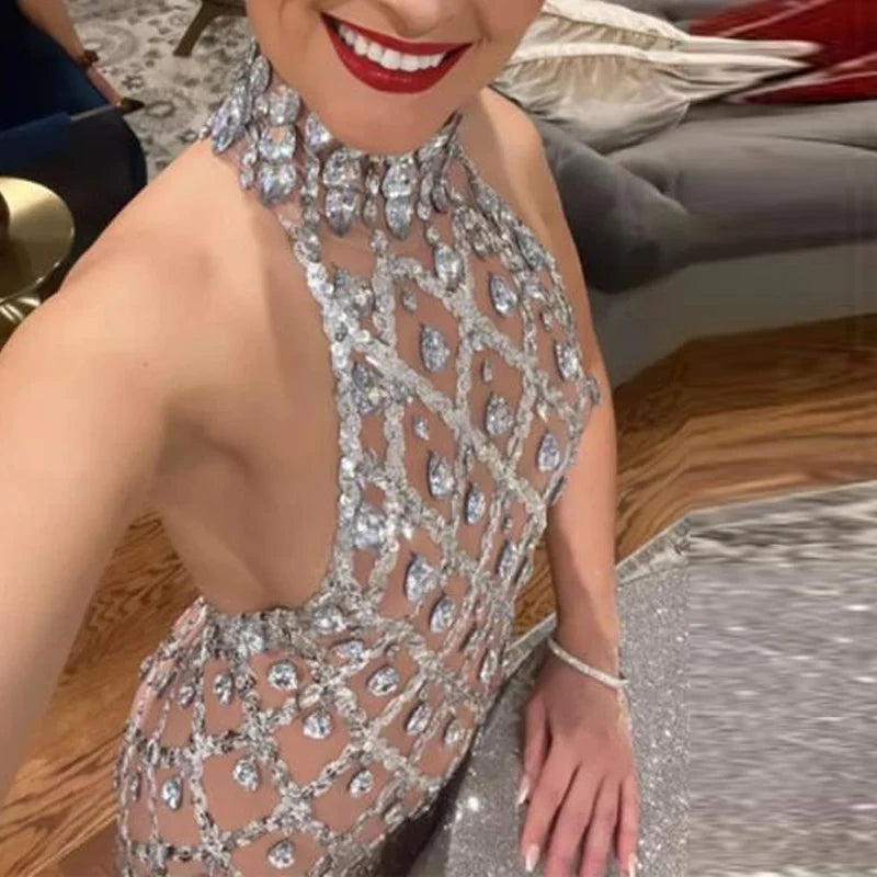 Shiny Glitter Sequins Gown Party Dress Spring Halter Sleeveless Hollow Long Dress Summer Off Shoulder Slim Maxi Dress