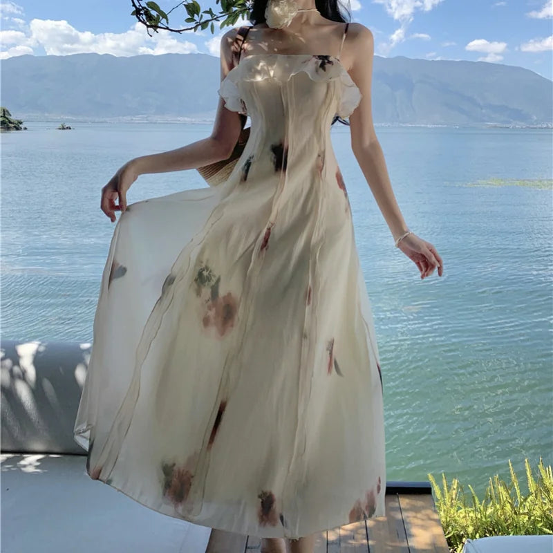 French Dress Summer New Chiffon Sleeveless Rose Print Backless Midi Dress Spaghetti Strap Dresses