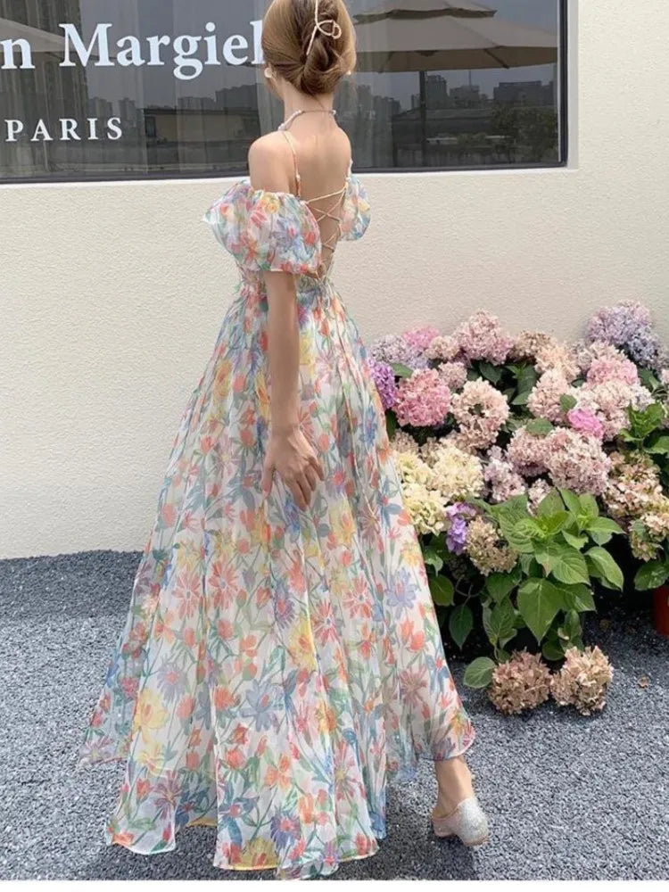 French Puff Sleeves Long Dress Summer Korean Cool and Breathable Bare Shoulder Vestidos Robe