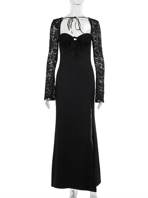 Lace Long Sleeve Maxi Dress Autumn New Square Collar Backless Lace-up High Split Club Party Long Dress