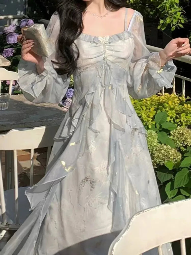 Summer Print Midi Dress Spaghetti Strap Aline Party Birthday Clothes Female Vestidos Long Robe New