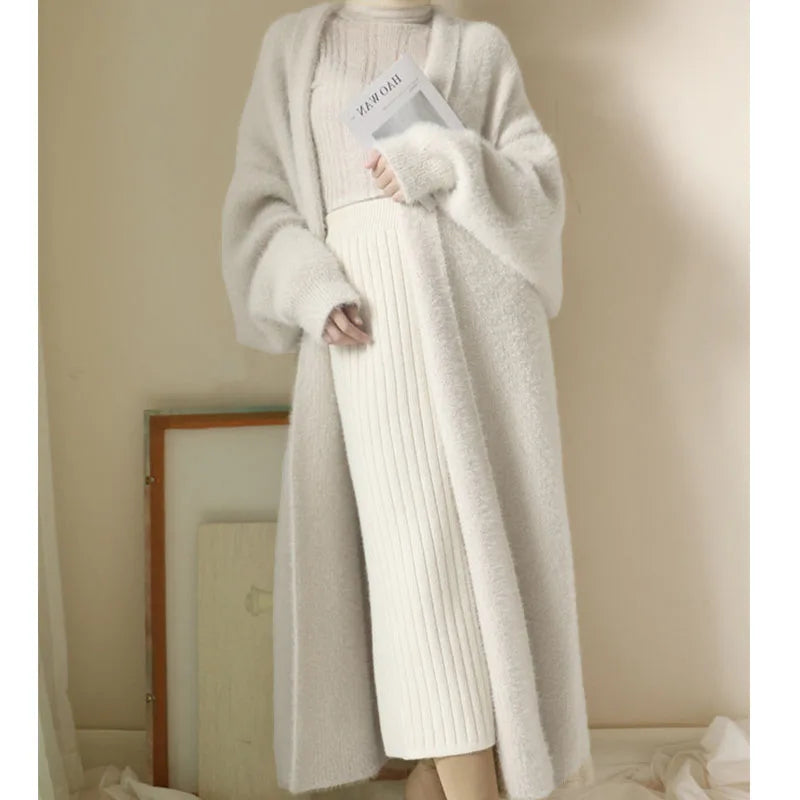 White Long Cardigan for Winter Clothes Knitted Fluffy Long Sleeve Cashmere Sweater Coat Clotkorean Style Warm