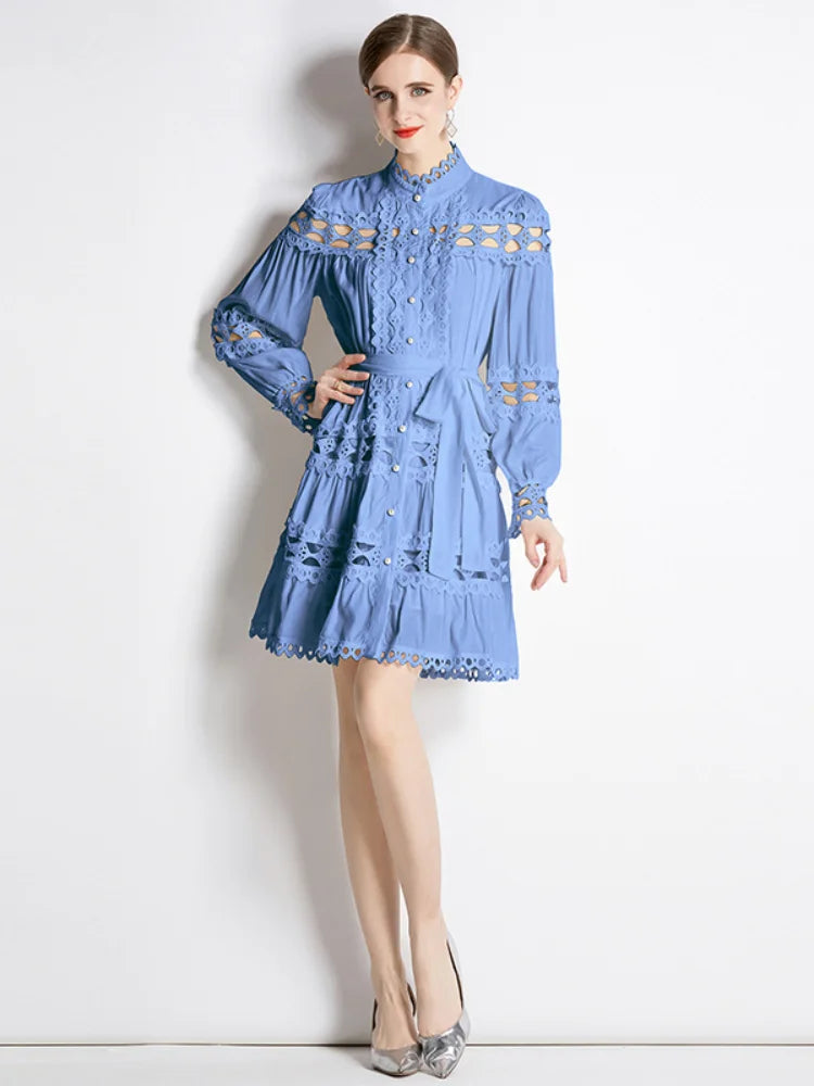 Stand Collar Single Breasted Dresses Spring and Autumn Hollow Out Embroidery Lace Trims White Mini Dress