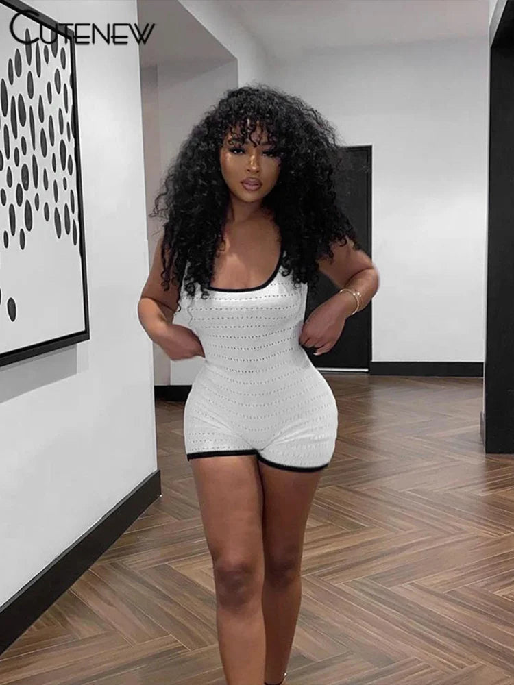 Playsuits Basic Summer Panelled Sleeveless U-neck Stretch Holes Sheer Slim Rompers Female Concise One Piece