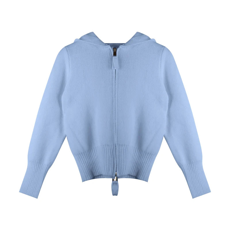 Double Zipper Cropped Knitwear Basic Zip Up Hooded Knitted Cardigan Slim Long Sleeve Sweaters for Winter Clothes