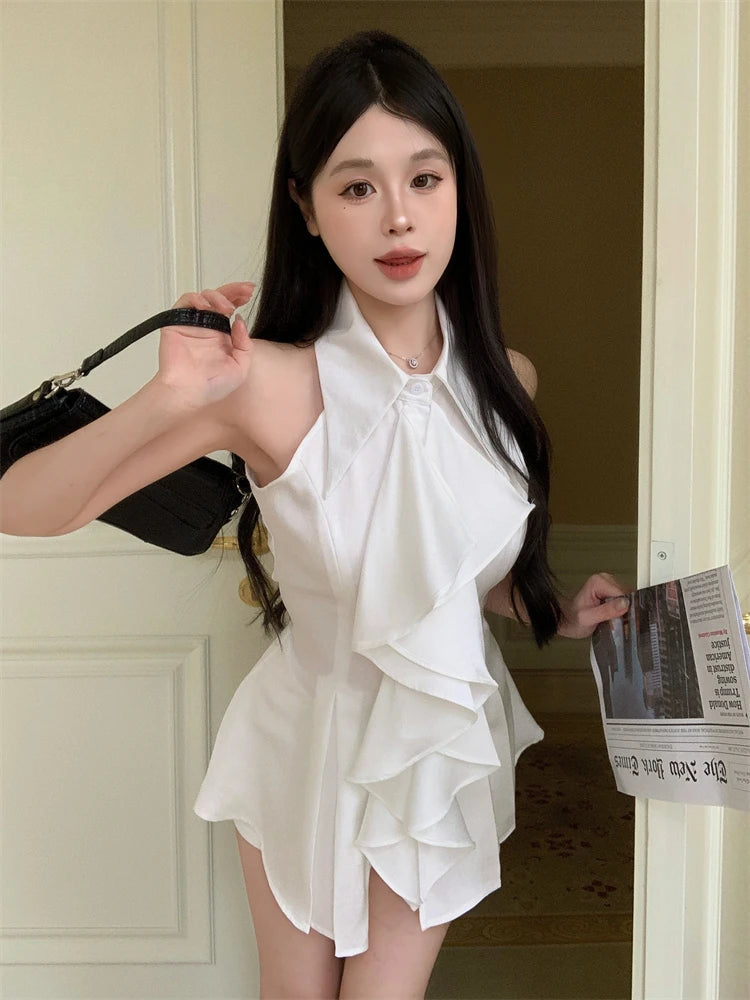 White Shirts&blouses Ruffles Korean Spring Summer Blusas Mujer Sleeveless Camisas