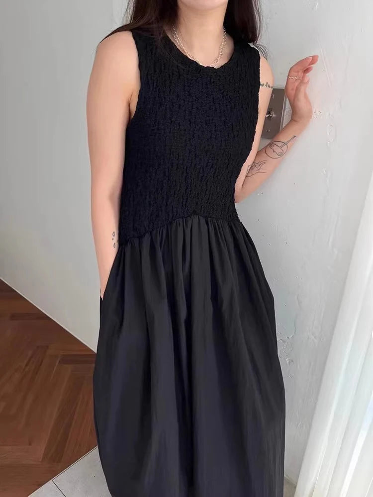 Long Dress Korean Summer Design Round Neck Pleated Texture Slim Fit Sleeveless Vest Vestidos