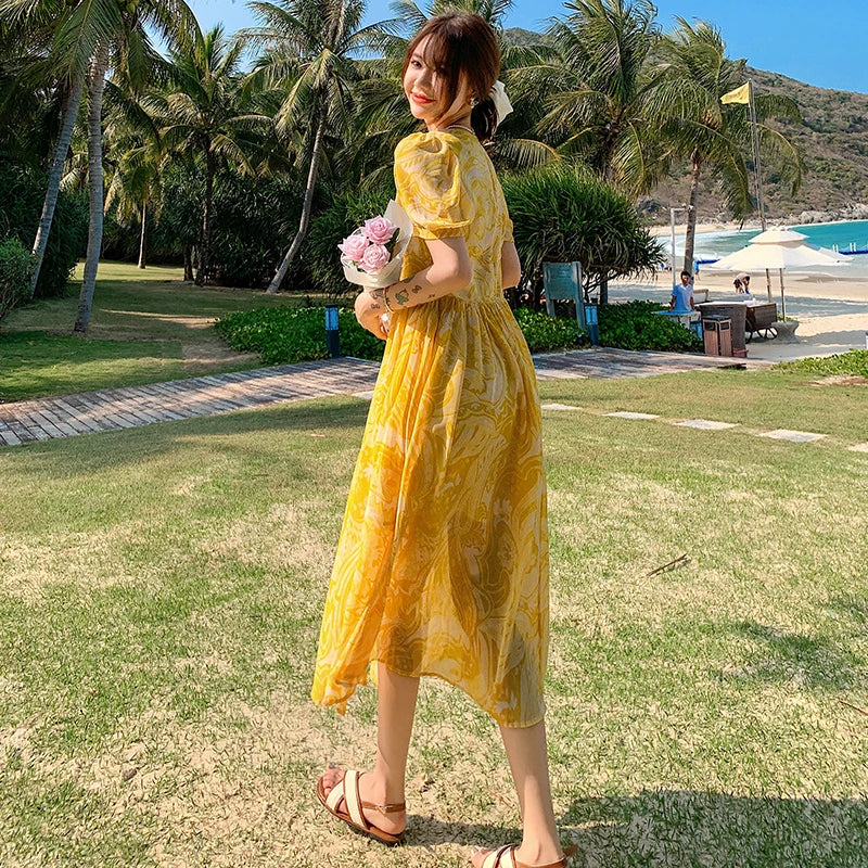 Summer Yellow Senior Sense Chiffon Vneck High Waist Thin Temperament Seaside Resort Long Dress