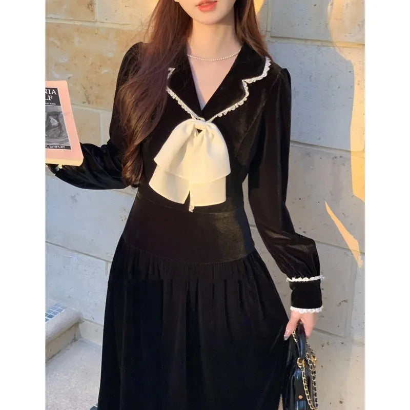 Lapel Midi Dresses for Bow Long Sleeve Birthday Party Dress A-line Autumn New Korean Vestido Mujer