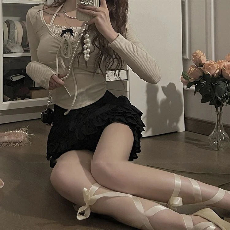 Kawaii Sweet Y2k Crop Tops Woman Slim Long Sleeve Blouse Korean Bodycon Pullover Office Lady