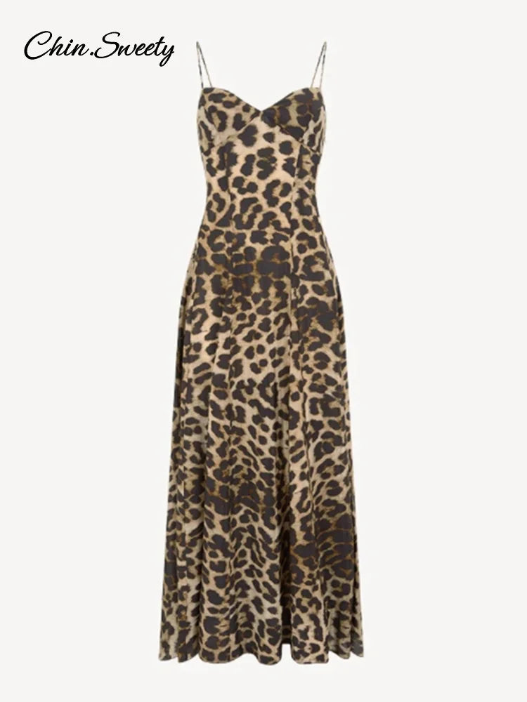 Y2k Leopard Print Suspender Long Dresses Slim Sleeveless Backless A-line Party Dress Summer Lady Robes _new
