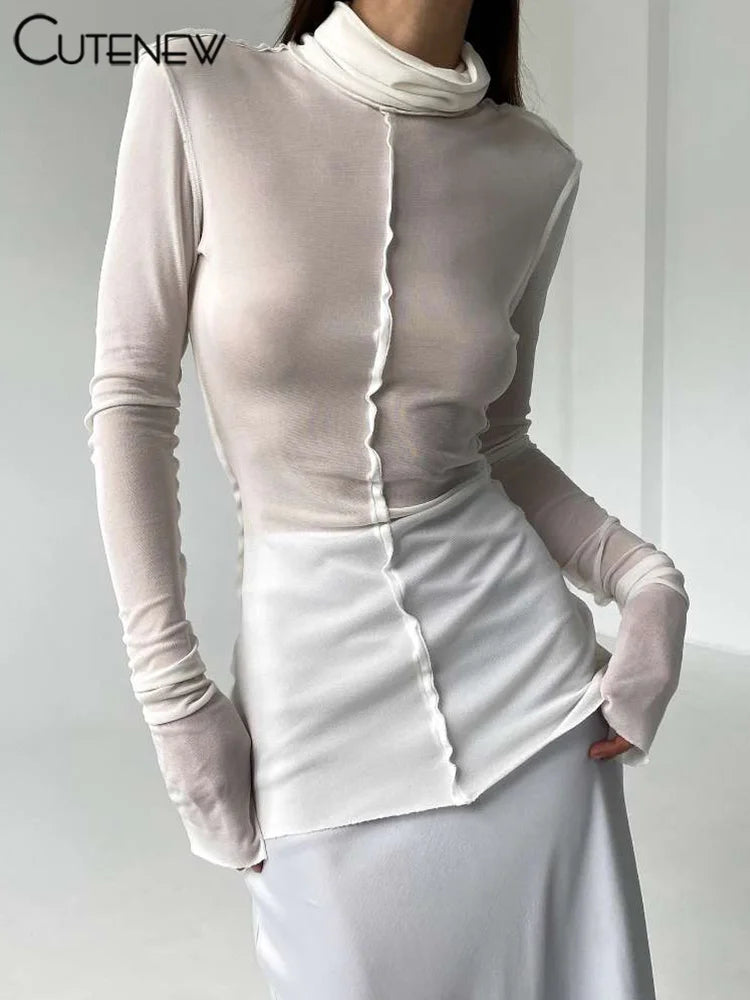 Thin Sheer Autumn T-shirts Classic Ruched Trim High Collar Full Sleeve Basic Tees Female All-matched Tops