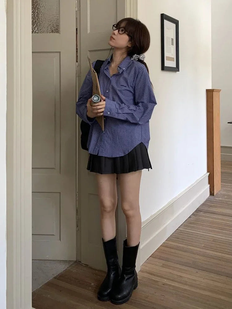 Blue Plaid Shirts for Harajuku Letter Embroidery Checked Blouse Female Oversized Korean Clothes
