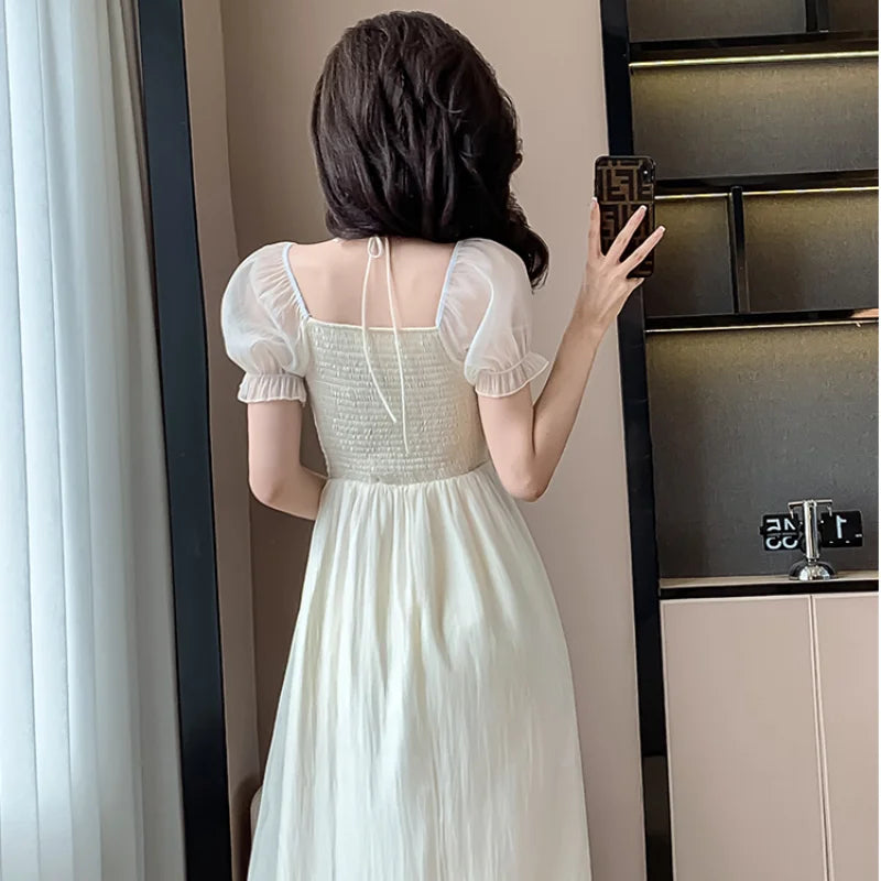 Summer French Midi Dresses New Folds Ruffle Party Robe Fairycore Neck Mounted Lady Maxi