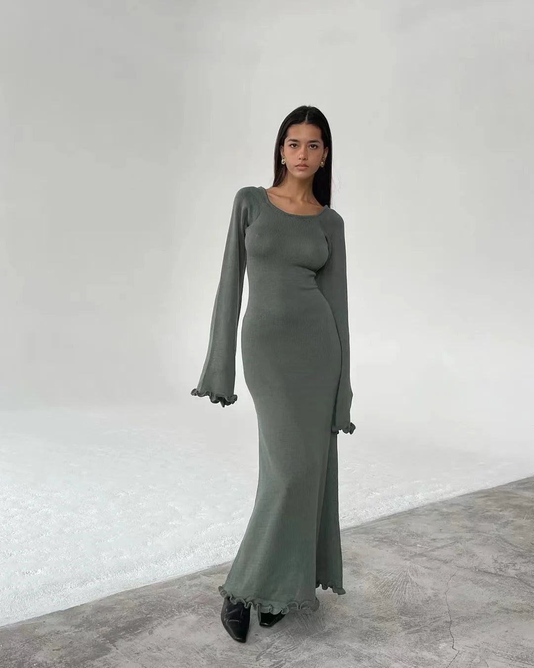 Ribbed Knit Ruffle Trim Long Dress Long Sleeve Bodycon Party Cocktail Dress Flare Summer Beach Cover Up