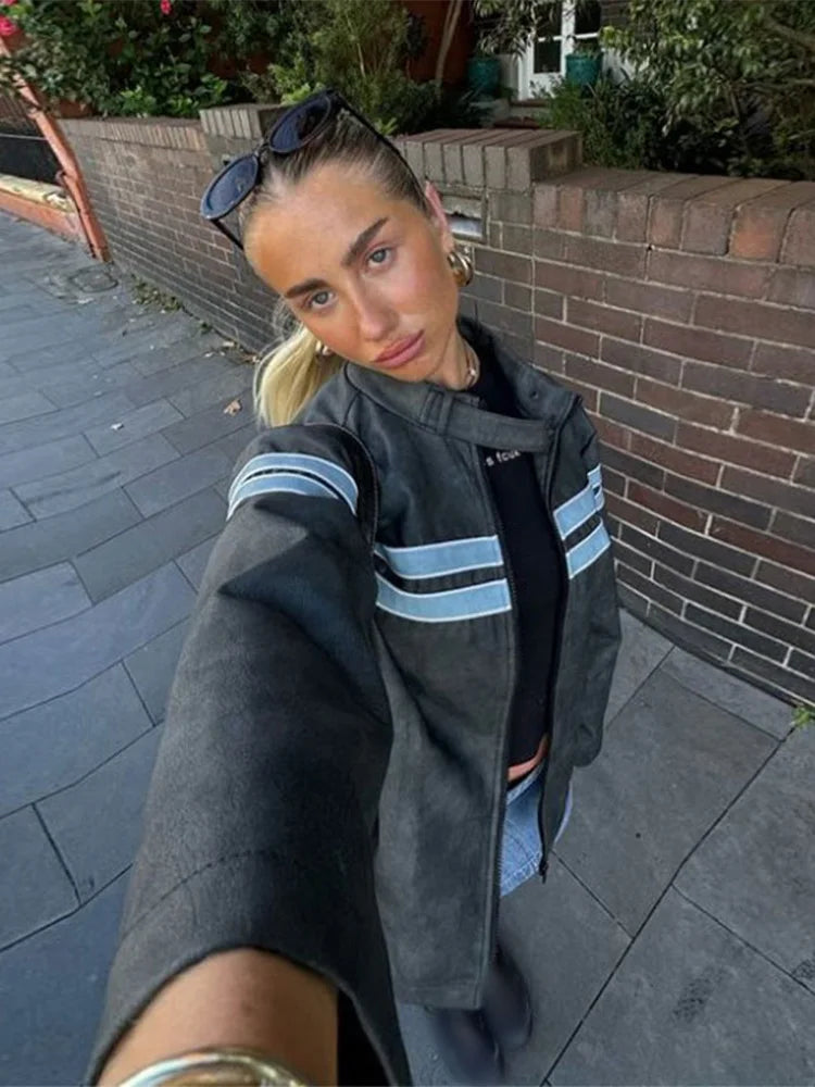Lapel Zipper With Pockets Jacket Long Sleeves Loose Blue Stripe Coat New Autumn Lady Short Outerwear