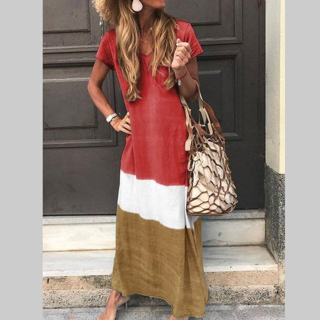 Loose Contrasting Colors Long Dresses Summer V-neck Short Sleeves Maxi Dress Female Commuting Vestidos New