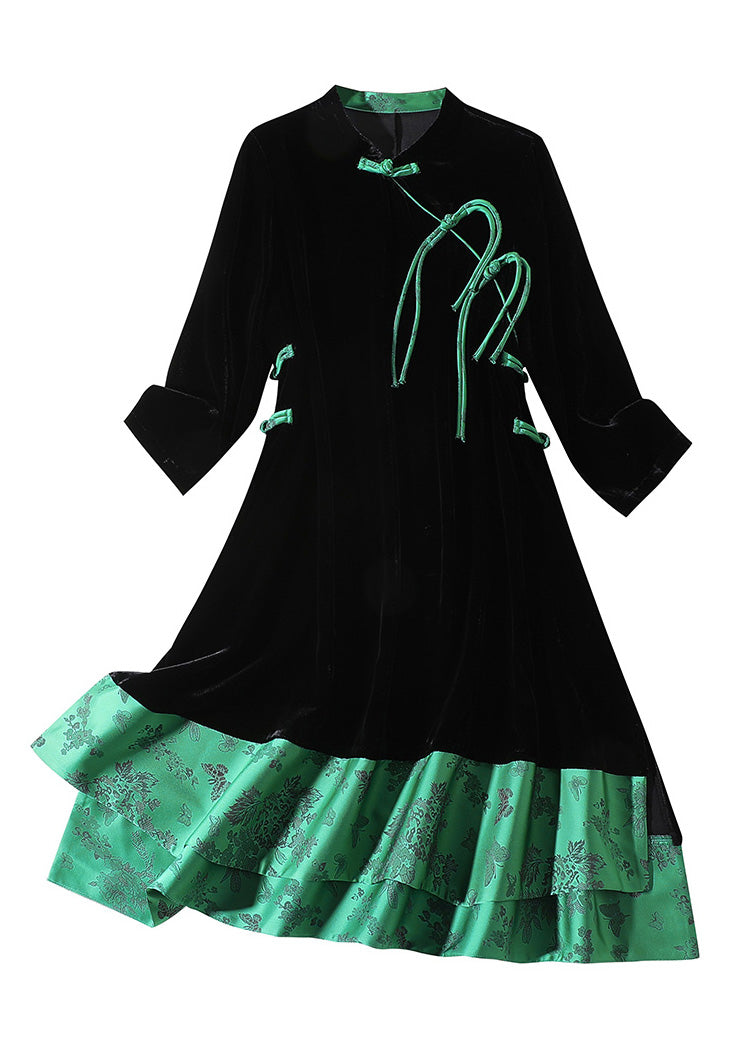 Black Stand Collar Print Low High Design Silk Velour Maxi Dresses Long Sleeve Ac3054