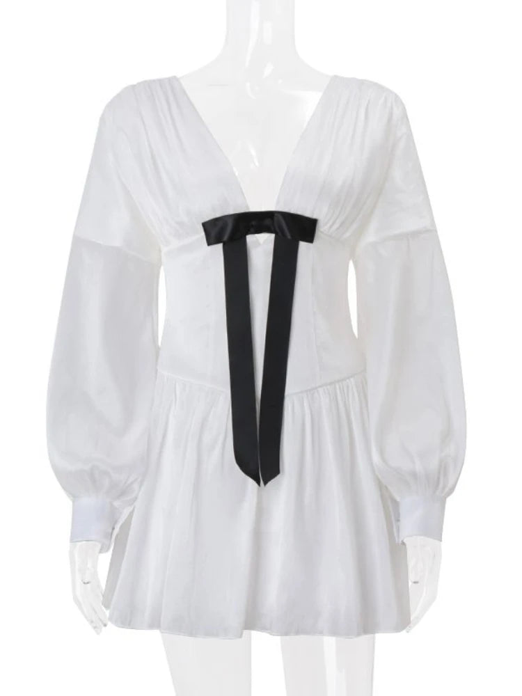 White Mini Dress for Vneck Lantern Sleeve Dress With Bow French Style Slim Birthday Evening Dresses