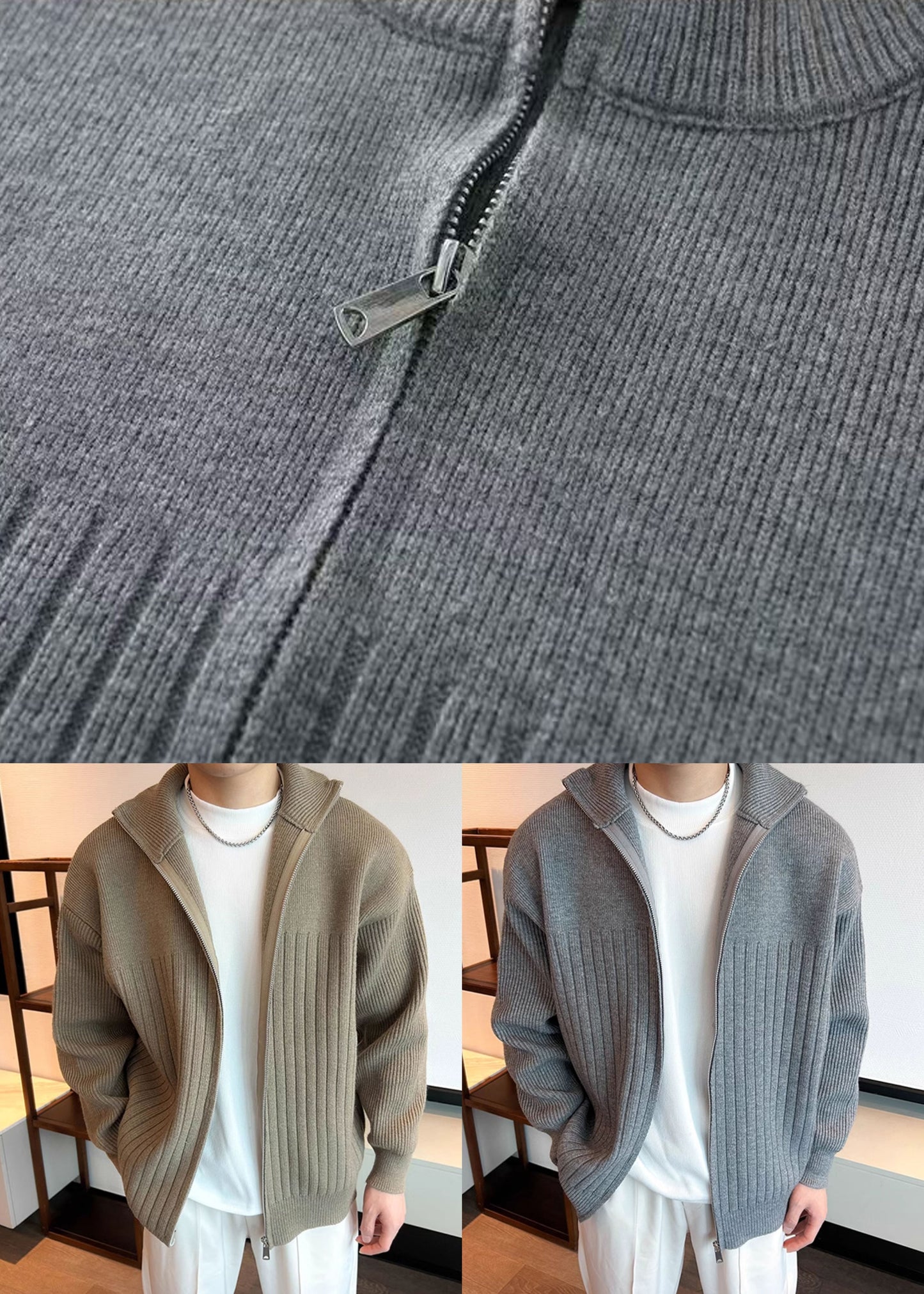 Khaki Up Coats Cozy Knit Spring Zip Simple