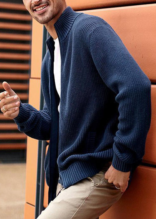 Up Zip Spring Knit Pockets Cardigan Navy Simple