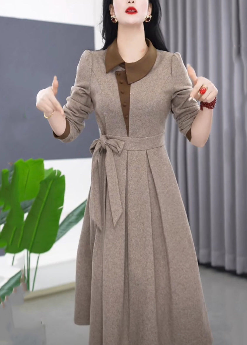 Slim Fit Grey Asymmetrical Tie Waist Maxi Dress Winter Rf034