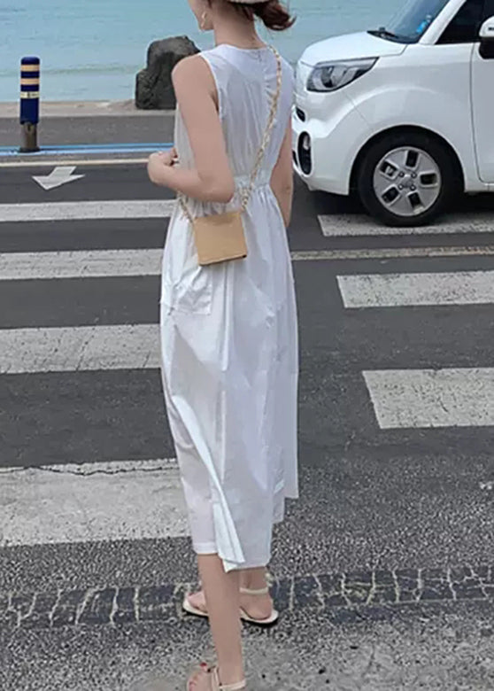 Button Pocket Drawstring Show Waist Sleeveless Maxi Dress Lc0034