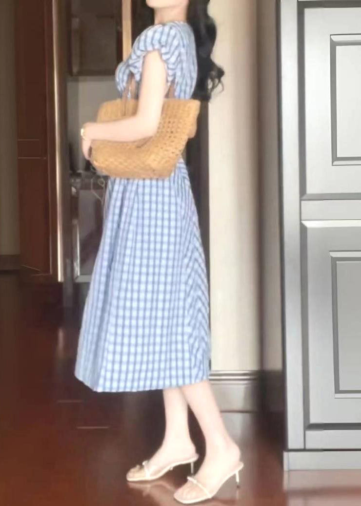 Style Light Blue O-neck Plaid Tie Waist Long Dress Short Sleeve Az1023