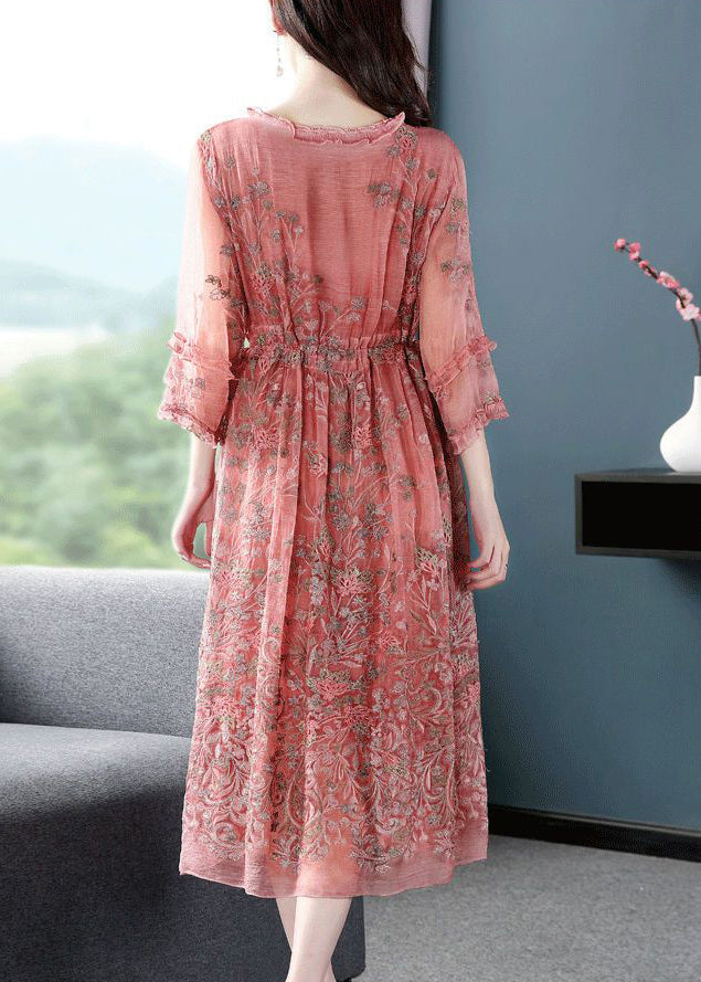 Style Pink O-neck Cinched Embroideried Silk Maxi Dress Bracelet Sleeve Ac3041