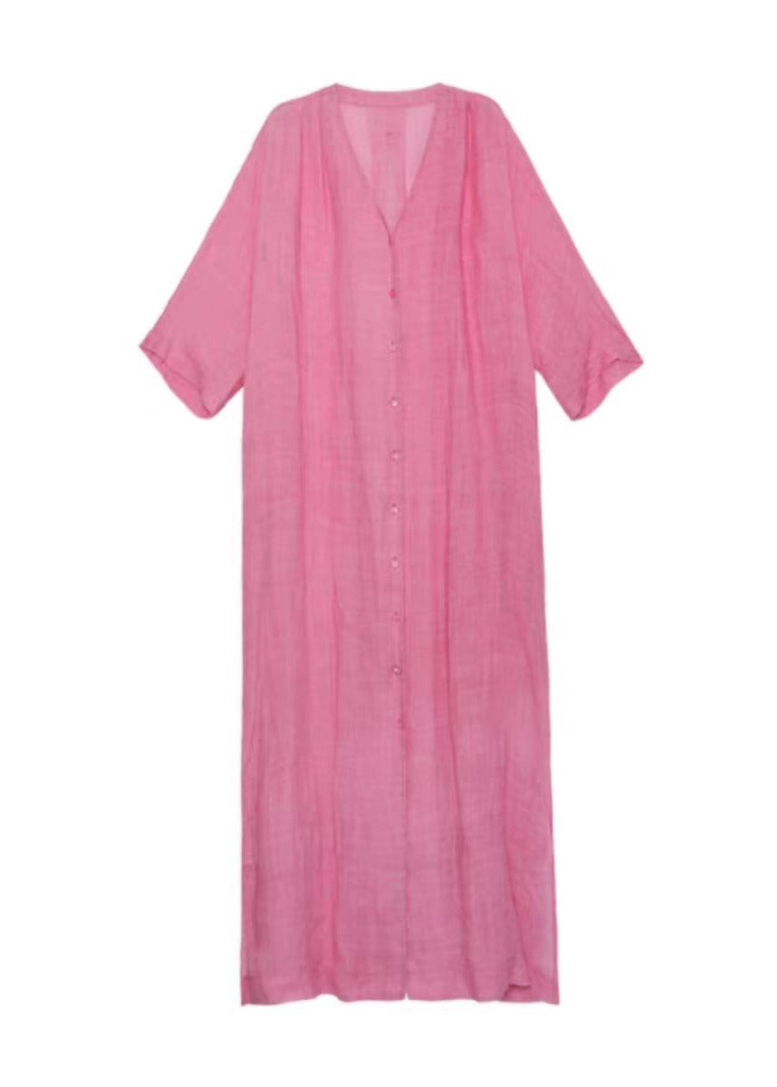 Style Pink V Neck Button Lace Up Linen Long Dress Summer Ap079