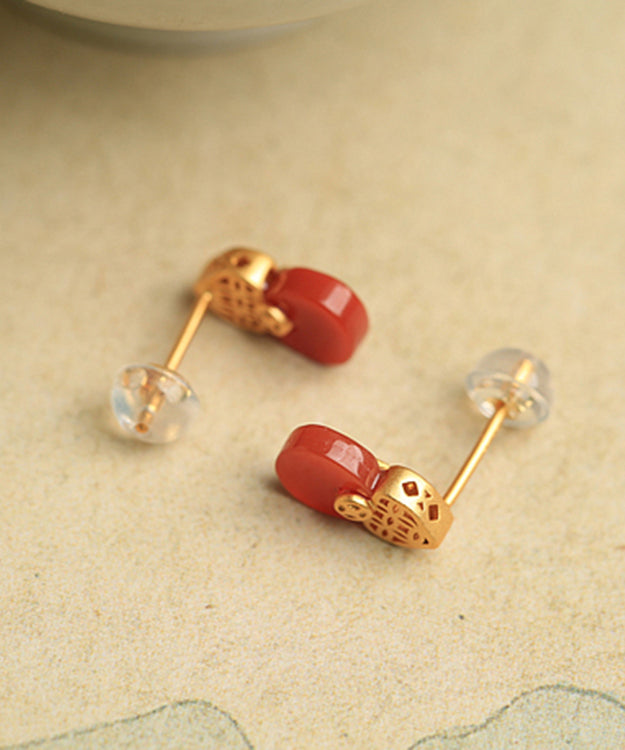 Style Red Sterling Silver Overgild Agate Stud Earrings Df1015