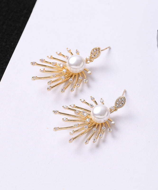 Stylish Gold Sterling Silver Copper Zircon Pearl Drop Earrings Kx1018