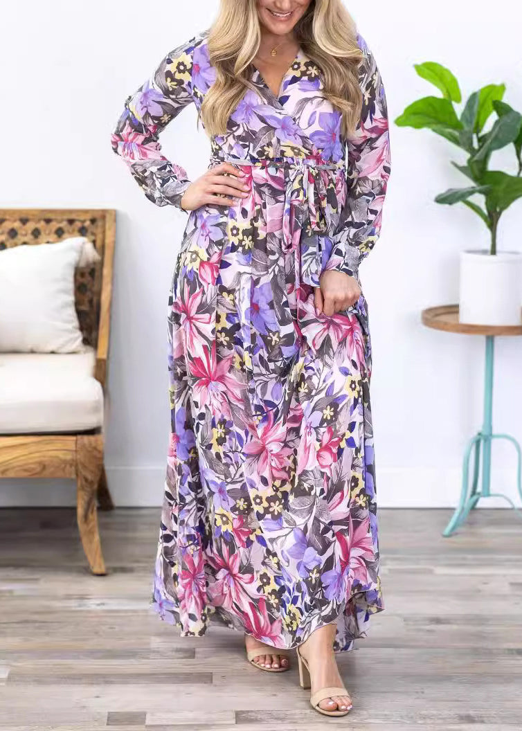 Stylish Purple Print Tie Waist Chiffon Maxi Dress Long Sleeve Au1030