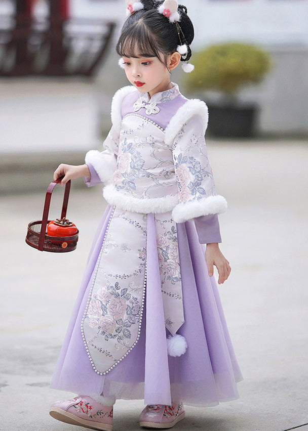 Stylish Purple Stand Collar Embroideried Nail Bead Maxi Dresses Winter Tr011