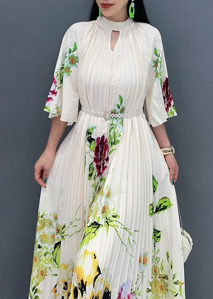 Stylish White Stand Collar Print Maxi Dresses Half Sleeve Ao1022