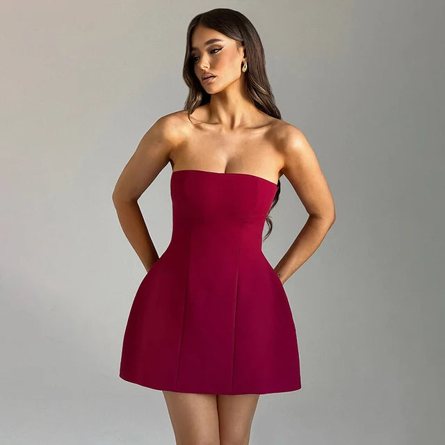 Sleeveless Strapless Mini Dress Patchwork High Waist Summer Female Bodycon Plunge Vacation Dress New