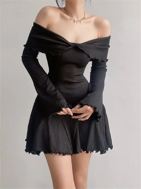 Black Knit Ruffled Mini Dress Patchwork Off-shoulder Loose Slim Ribbed Dress Knitwear Clothes Female Dress