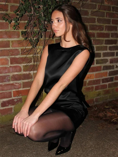 Tee Bow Backless Satin Mini Dress for Sleeveless Patchwork Party Dress Gown Female Mini Dress