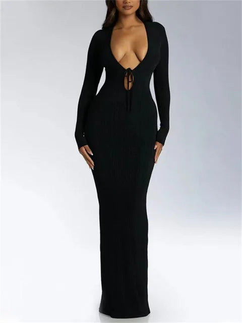 V-neck High Waist Slim Maxi Dress – Bandage Long Sleeve Party Dress Summer