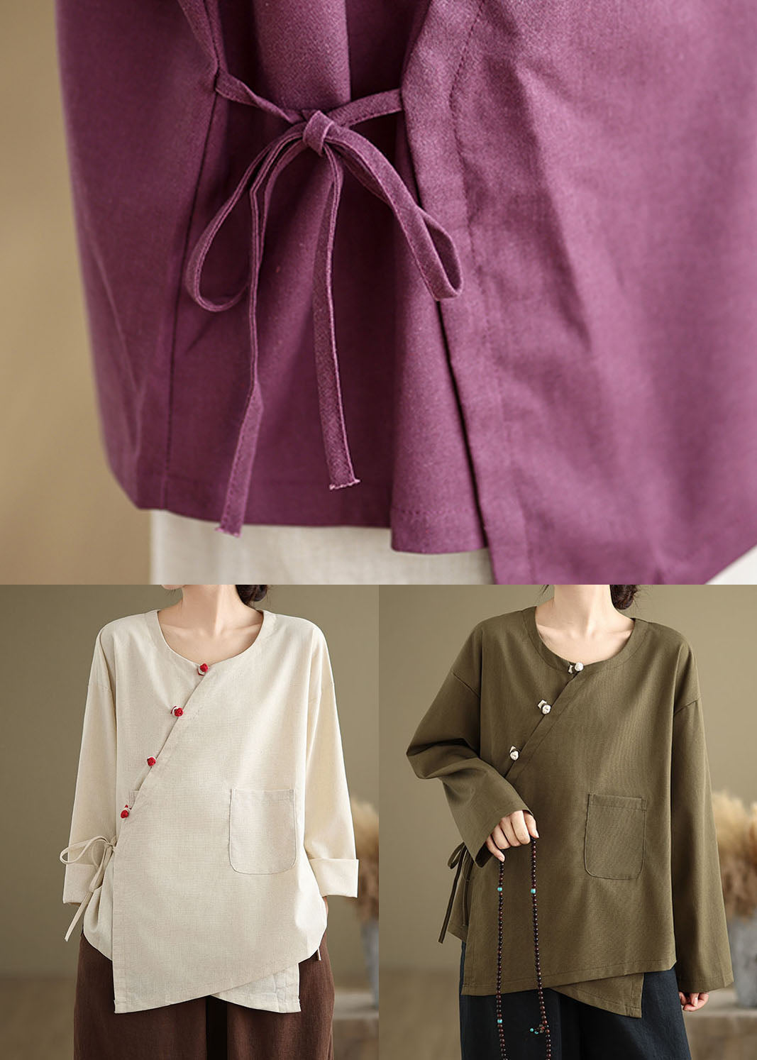 Purple Pockets Patchwork Cotton Blouses O Neck Lace Up Spring Tj011