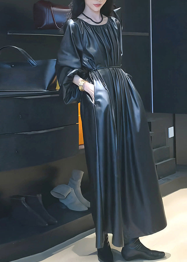 Black Cinched Tie Waist Pu Maxi Dresses Spring Rp022