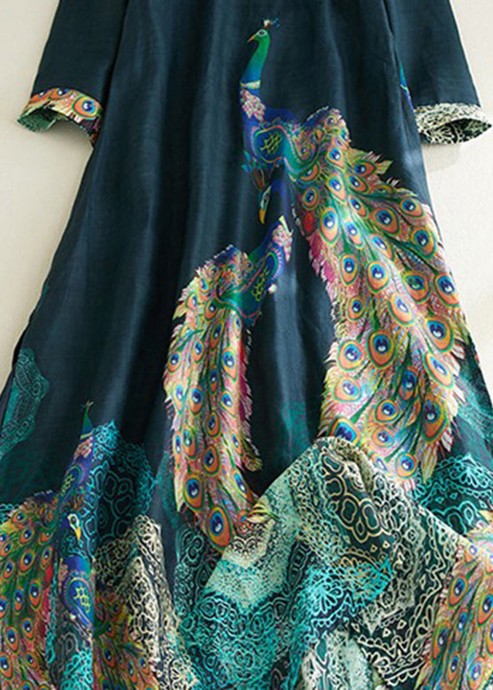 Blackish Green Stand Collar Print Side Open Long Dresses Short Sleeve Vv030
