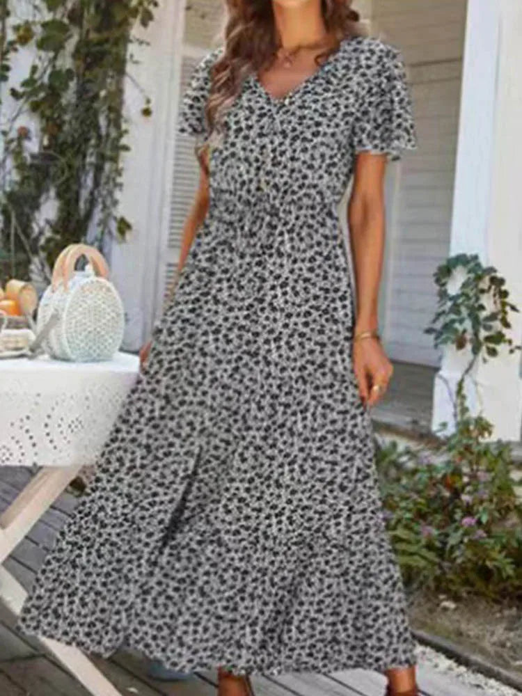 Loose New Slit Holiday Leisure Print Midi Dresses