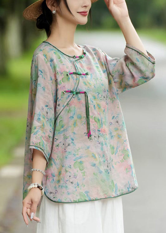 Khaki Button Print Linen Blouse Bracelet Sleeve Jh008