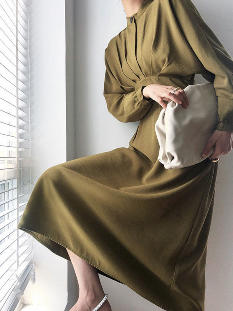 Long Sleeve Autumn Bodycon Dress Slimming Pleated Stand Collar Midi Dress