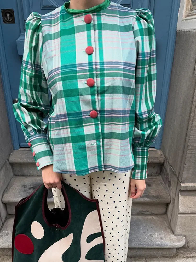 Plaid Contrasting O Neck Blouse