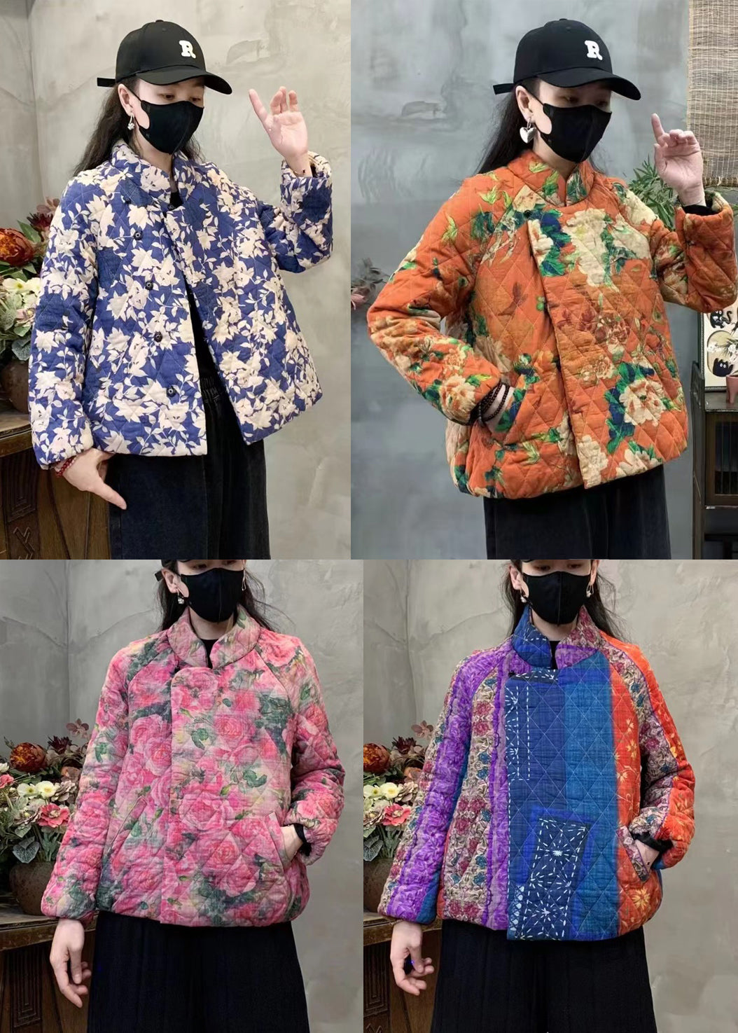 Purple Print Fine Cotton Filled Coats Mandarin Collar Winter Yo020
