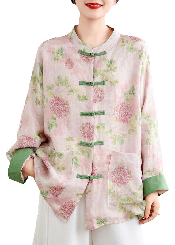 Pink Print Pockets Chinese Button Linen Blouse Top Spring Tj034