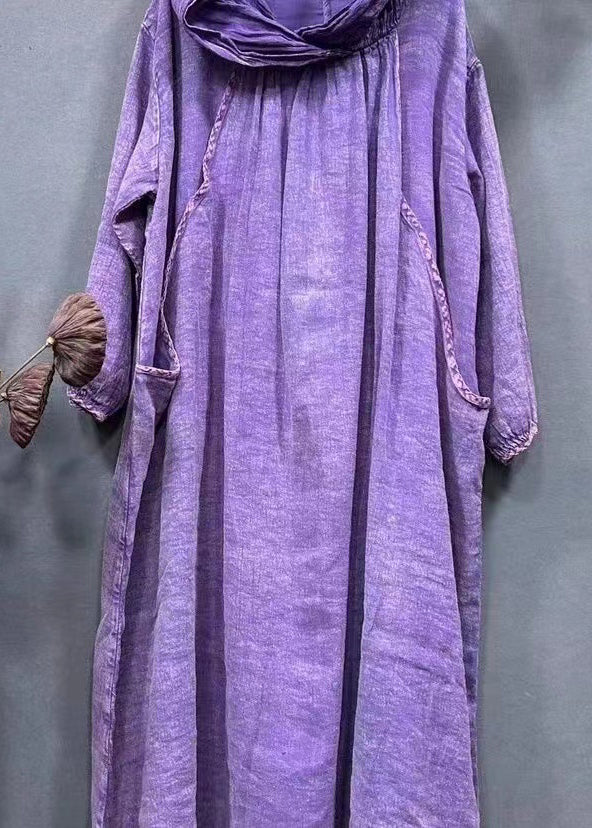 Purple Hooded Pockets Linen Long Dress Spring Aa1045