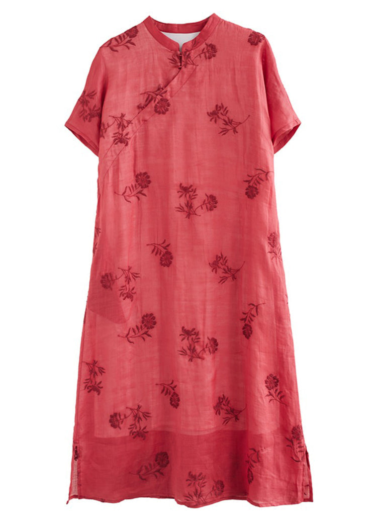 Red Stand Collar Side Open Layered Maxi Dress Short Sleeve Vv089